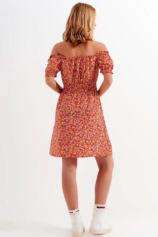 Mini dress with shirred detail in red ditsy floral print - Dresses