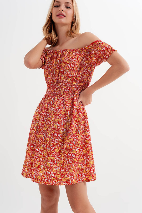 Mini dress with shirred detail in red ditsy floral print