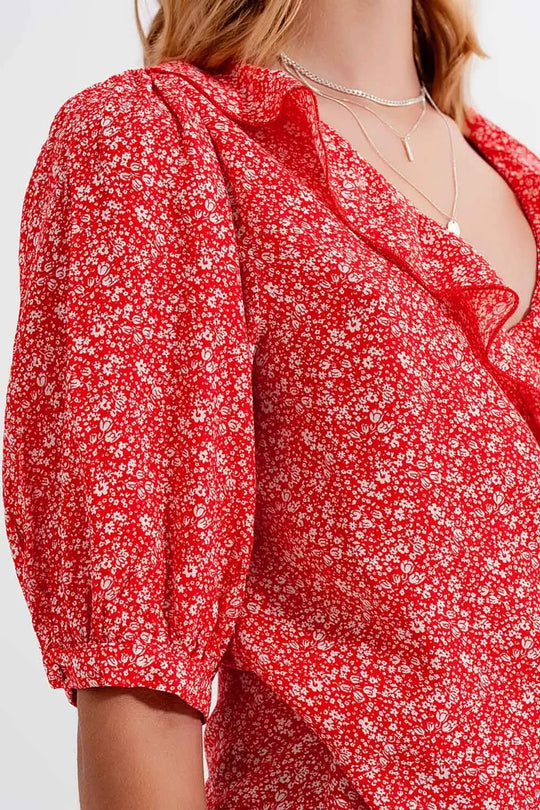 Red wrap top in clustered flower print - Shirts