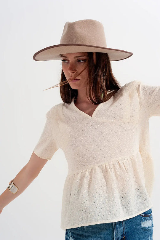 Peplum broderie top in Beige - Tops