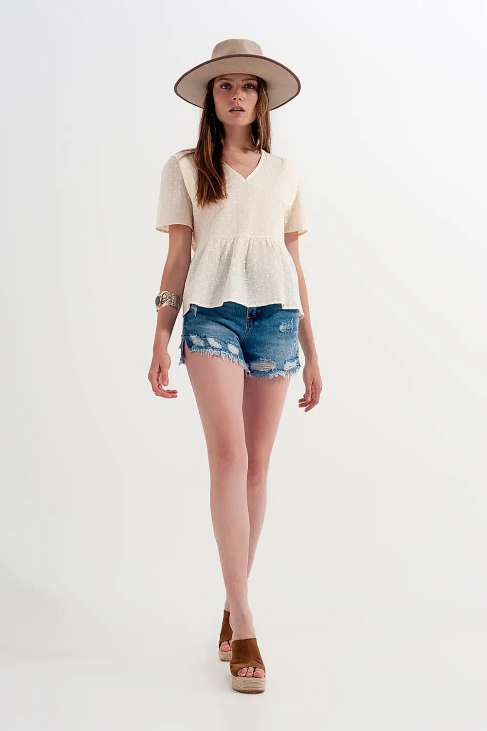 Peplum broderie top in Beige - Tops