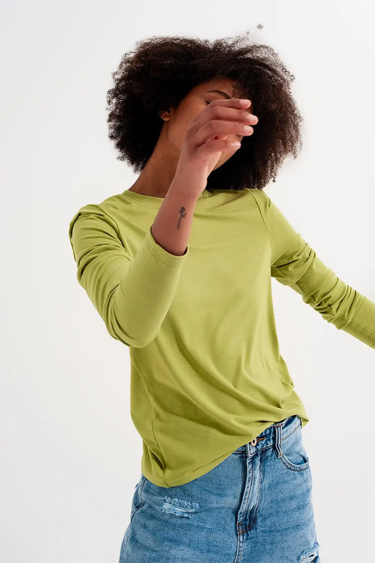 Long sleeve top with shoulder detail in green - T-Shirts