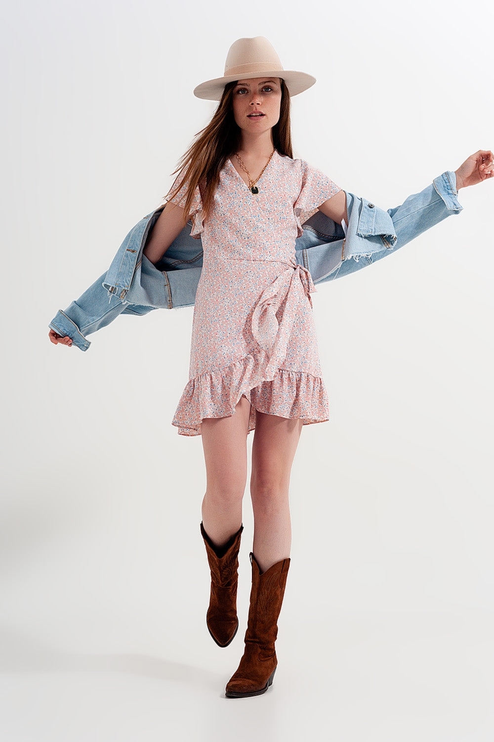 Mini wrap dress with frill hem in pink print