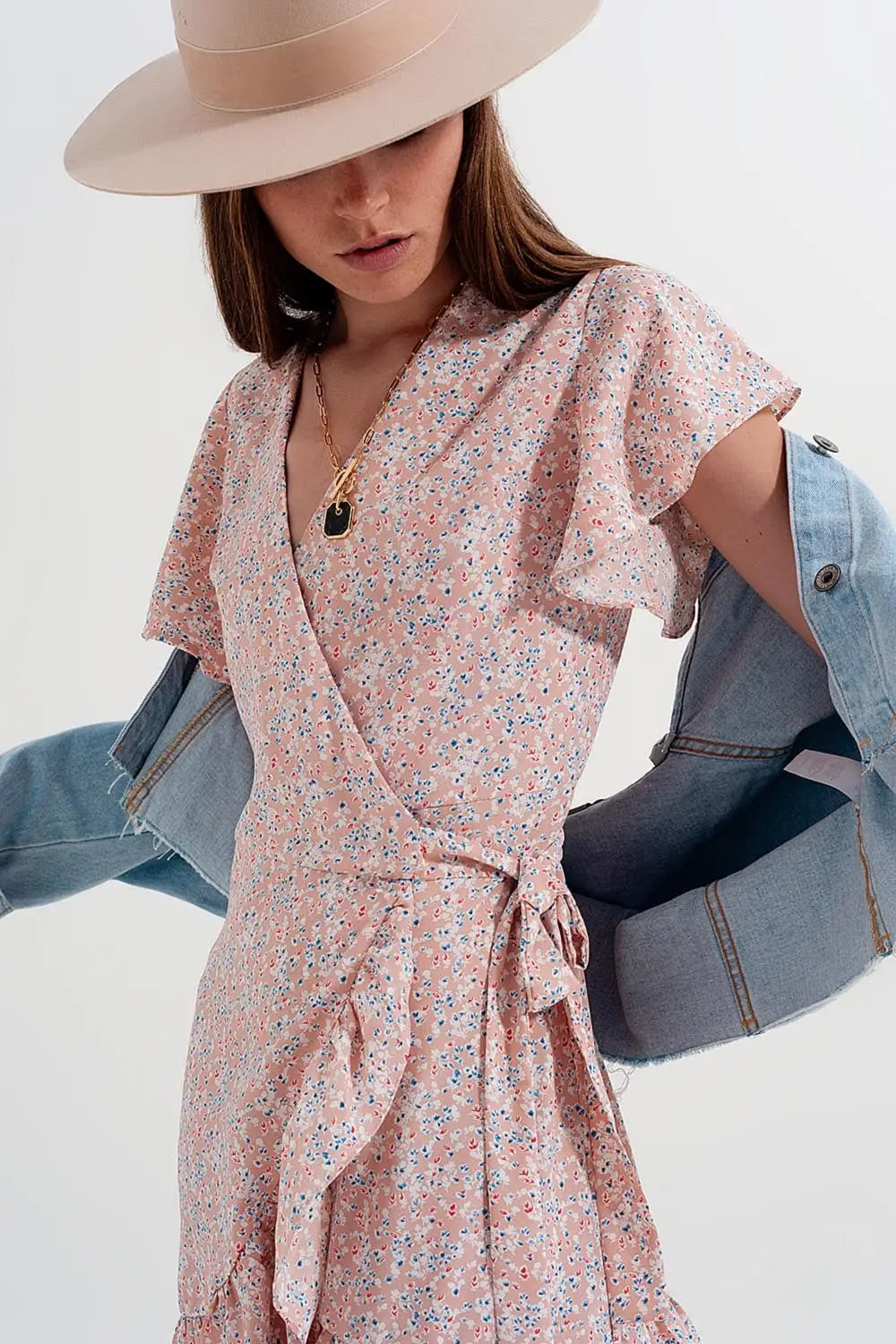 Mini wrap dress with frill hem in pink print - Dresses