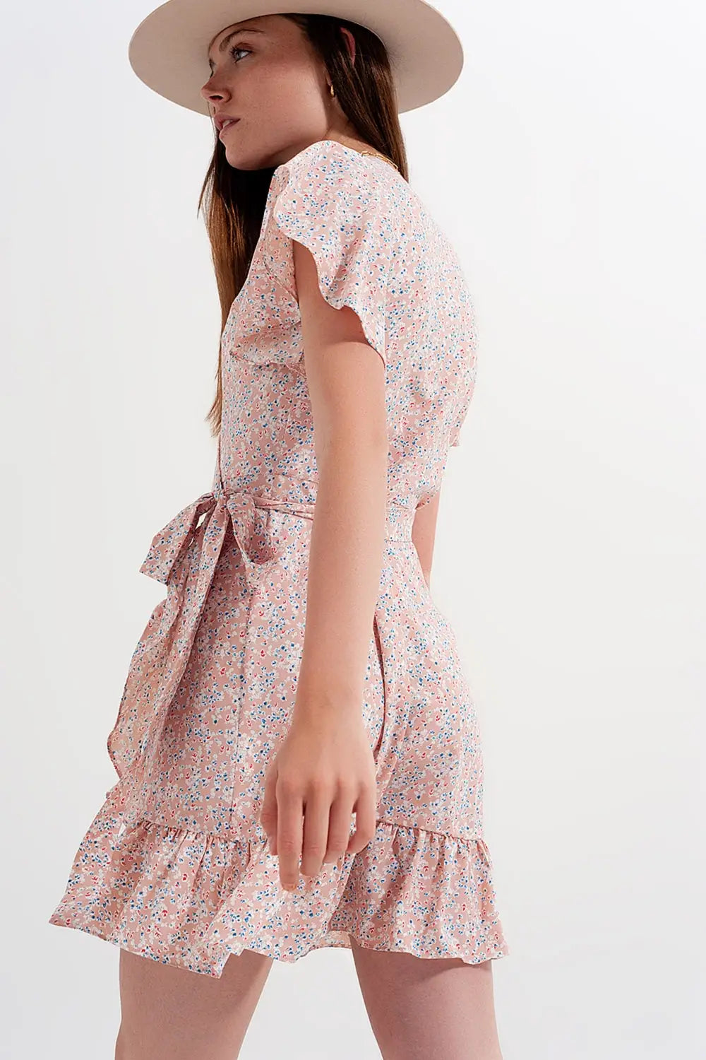 Mini wrap dress with frill hem in pink print - Dresses