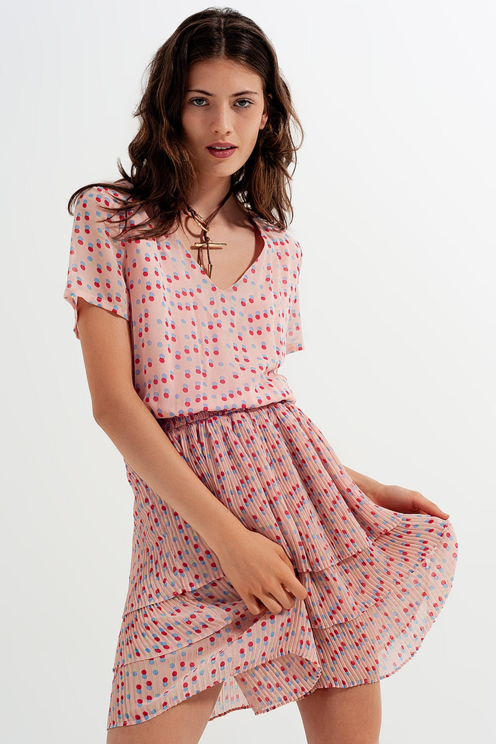 Shirred mini dress with peplum in pink