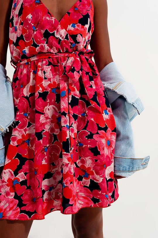 Hot pink short dress with flower print and straps