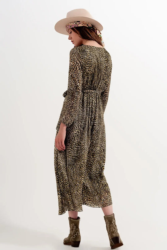 Long sleeve wrap front chiffon dress with belt in shiny print - Dresses