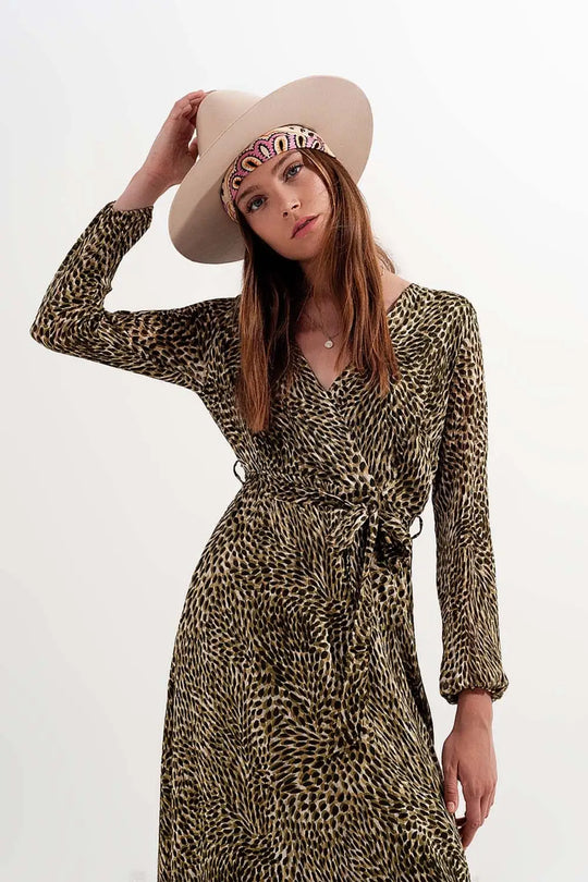 Long sleeve wrap front chiffon dress with belt in shiny print - Dresses