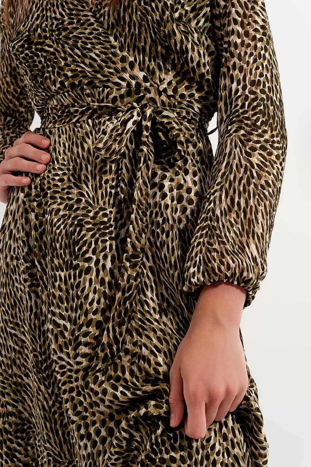 Long sleeve wrap front chiffon dress with belt in shiny print - Dresses