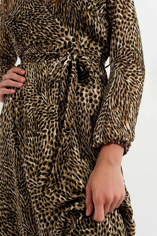 Long sleeve wrap front chiffon dress with belt in shiny print - Dresses