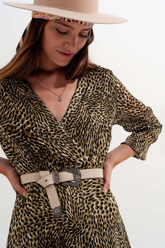 Long sleeve wrap front chiffon dress with belt in shiny print