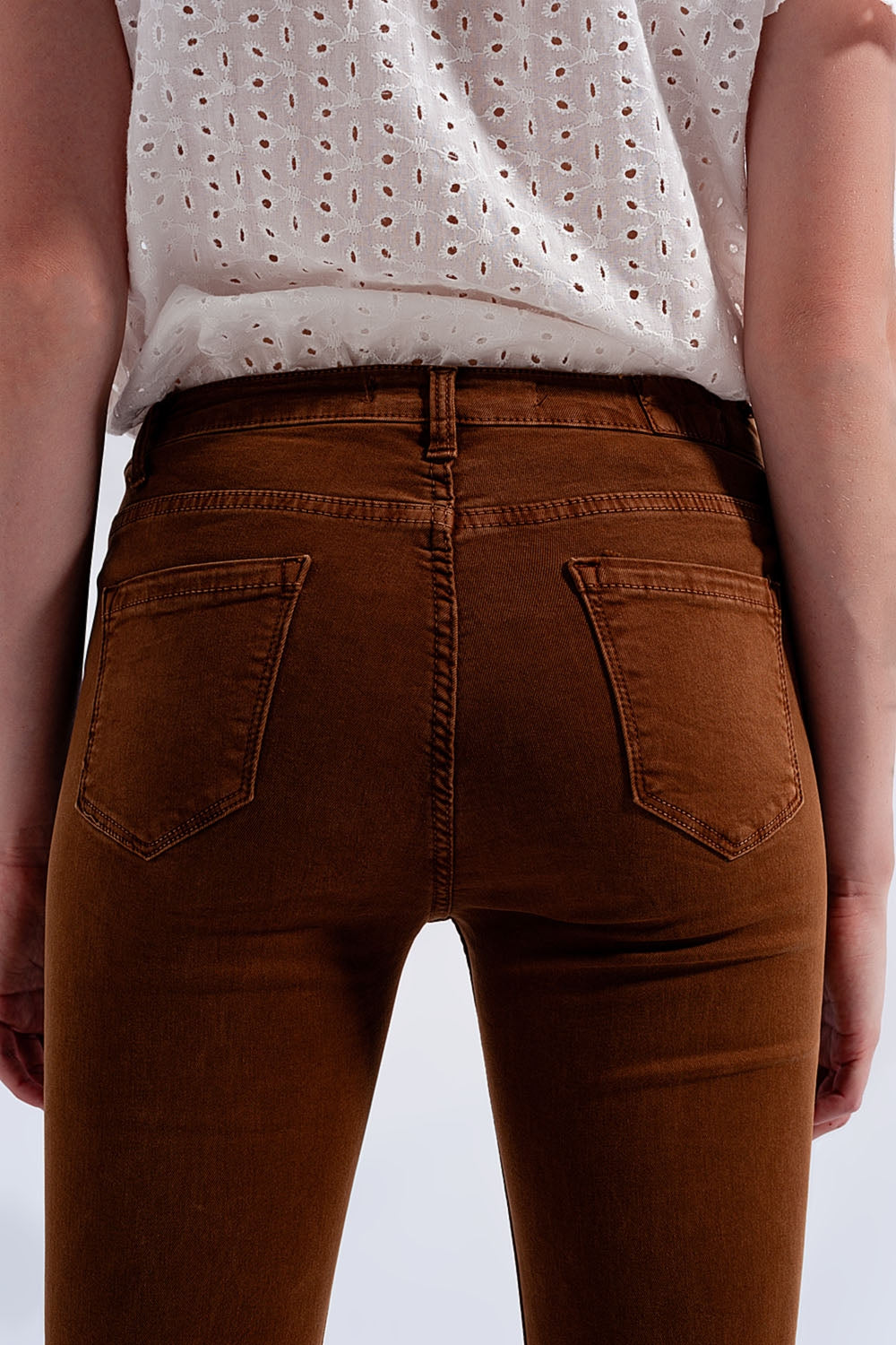High rise raw hem flared jeans in brown