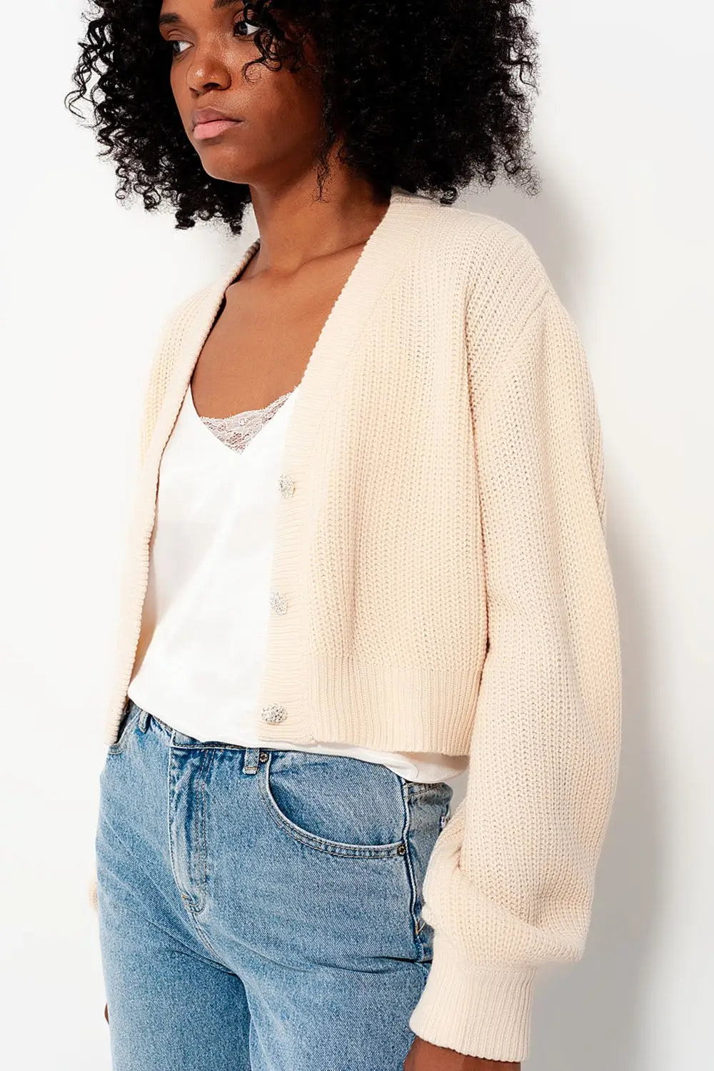 Cardigan with long sleeves and diamante button detail in cream - Cardigans