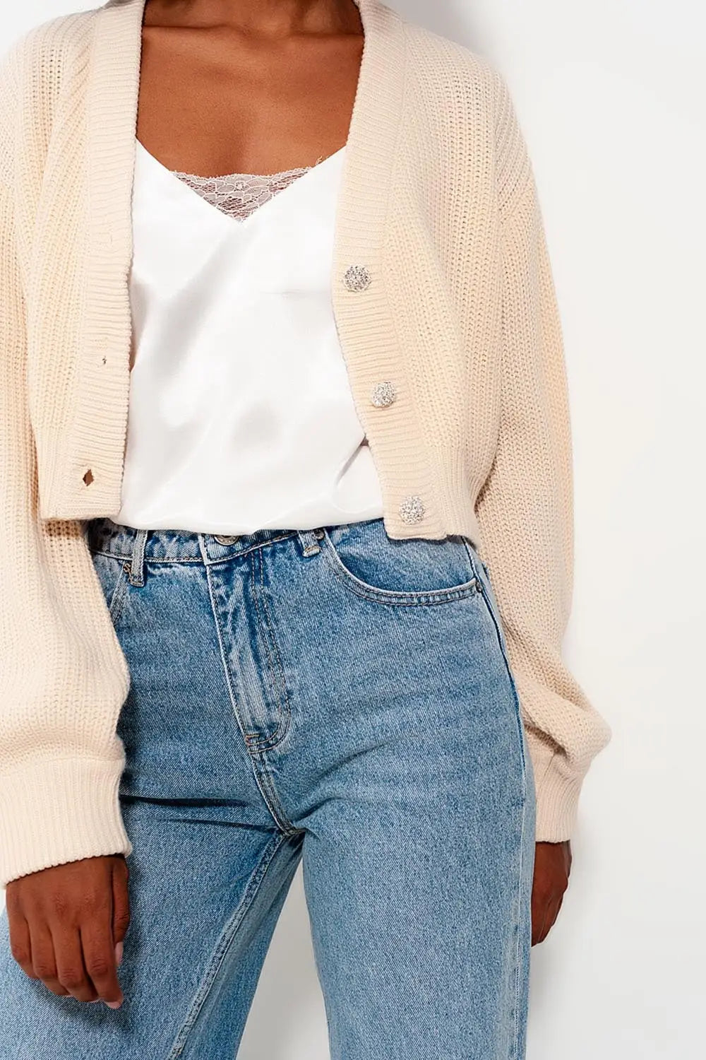 Cardigan with long sleeves and diamante button detail in cream - Cardigans