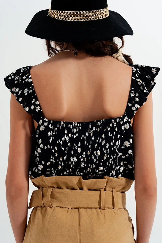 Frill strap cami top in black ditsy floral print - Tops