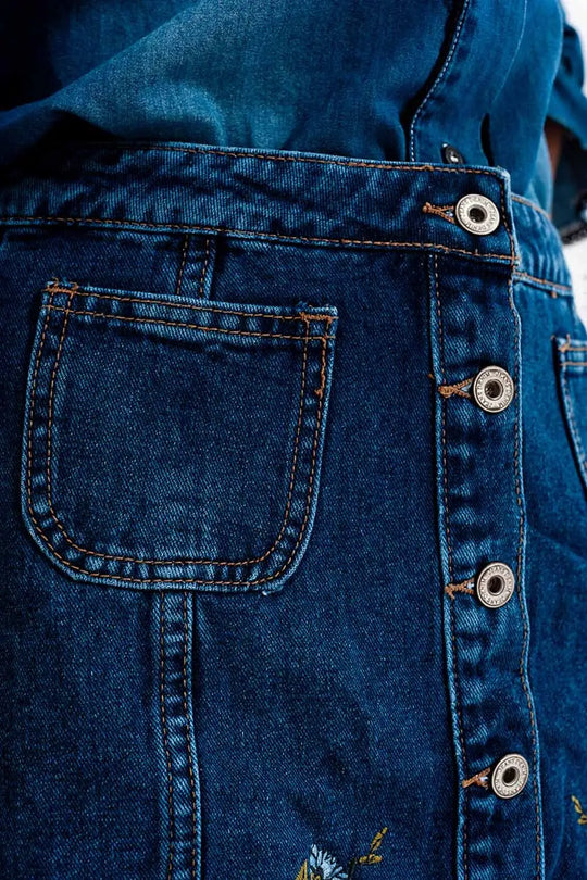 Denim skirt with flower embroidery and front buttons - Skirts