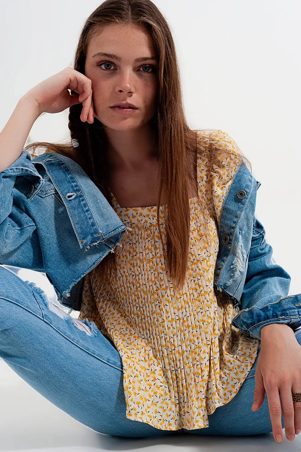 Puff sleeve top with square neck in yellow floral print - Shirts