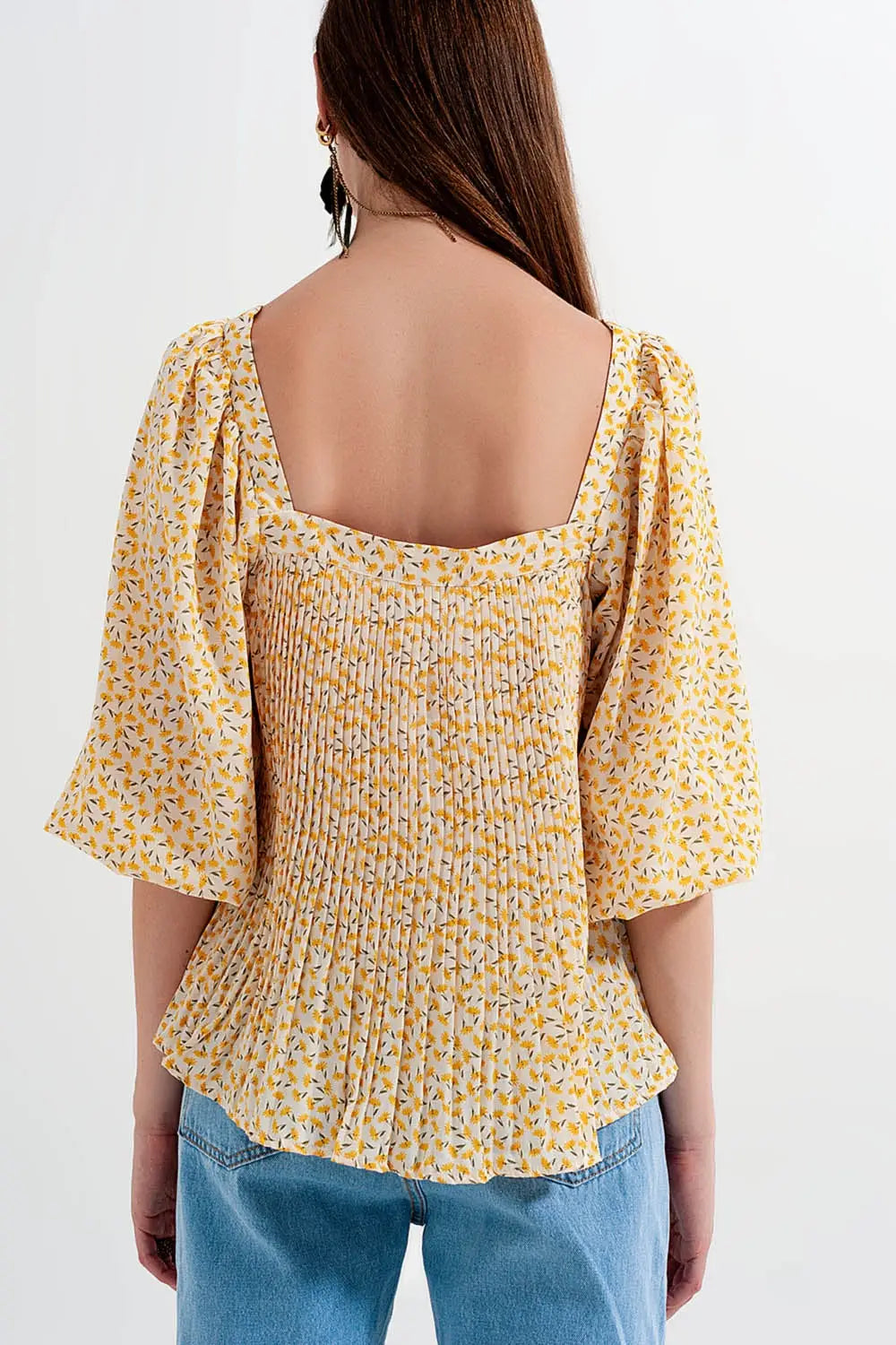 Puff sleeve top with square neck in yellow floral print - Shirts