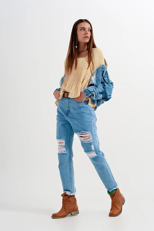Puff sleeve top with square neck in yellow floral print - Shirts