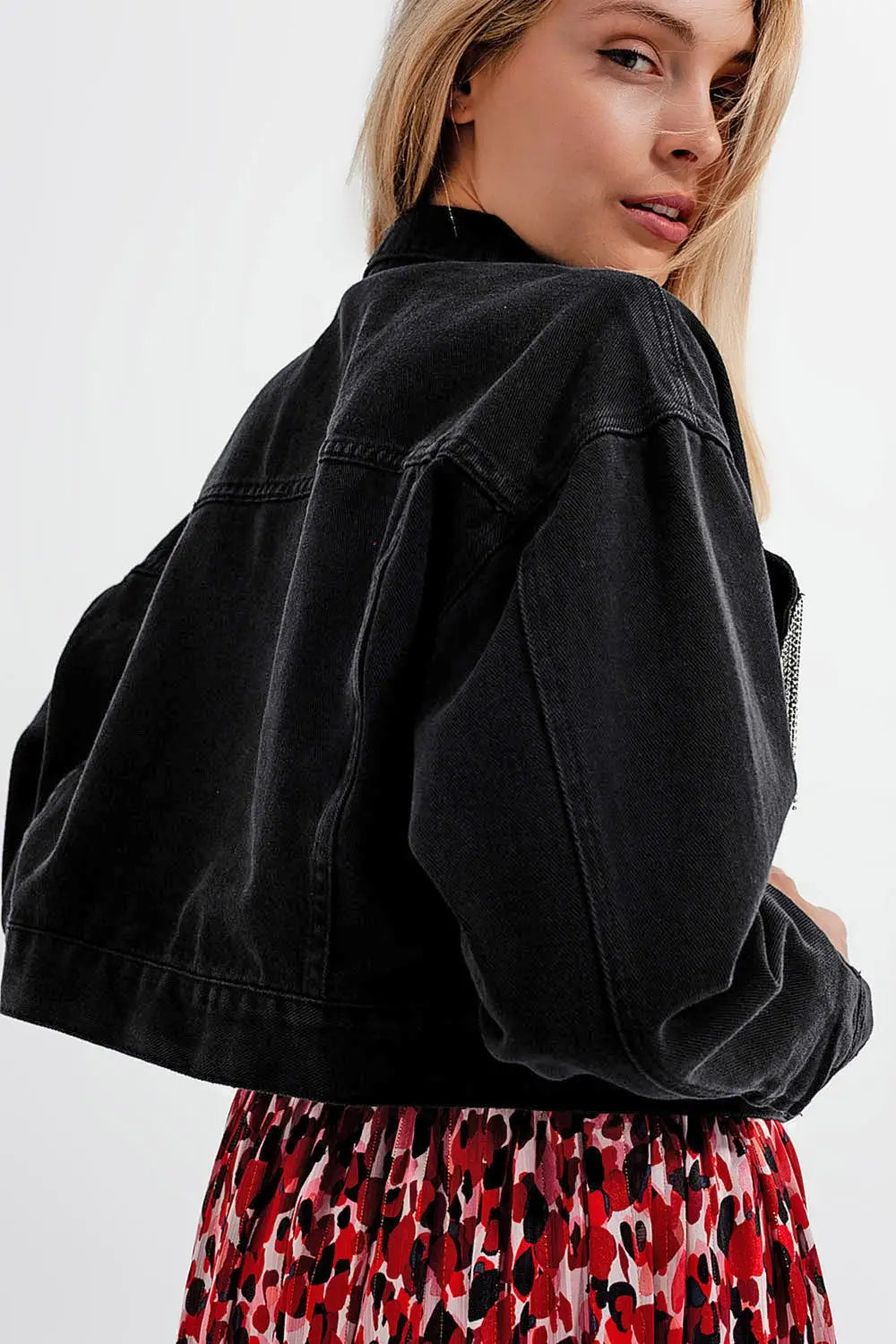 Black denim jacket with strass fringing - Jackets