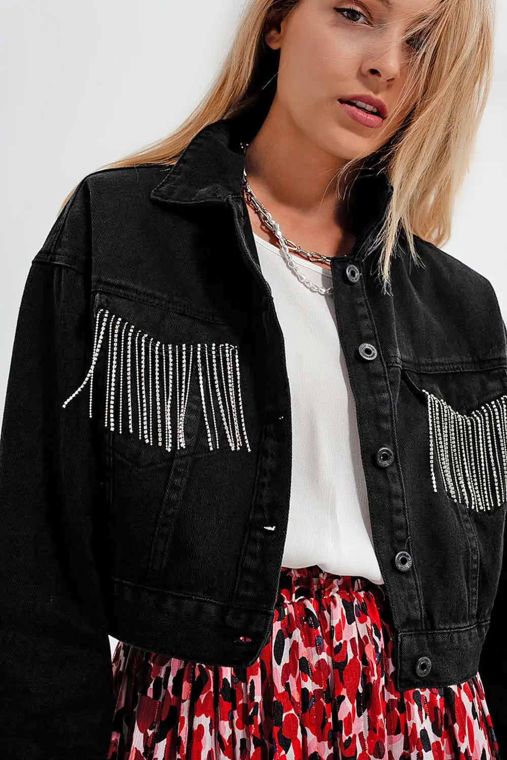 Black denim jacket with strass fringing - Jackets