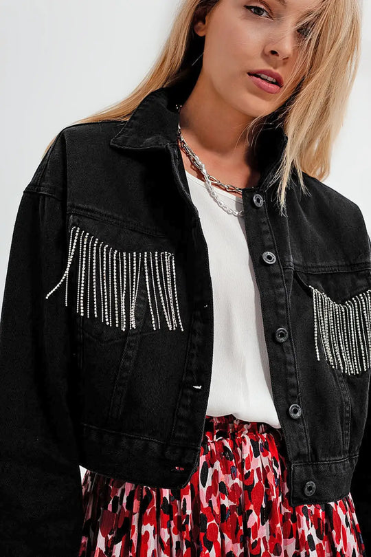 Black denim jacket with strass fringing - Jackets