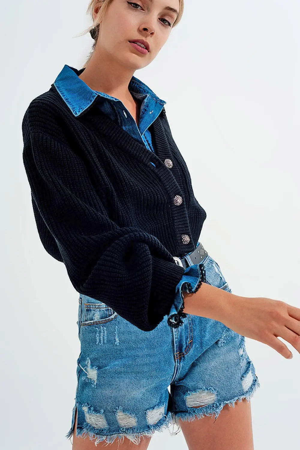 Long sleeves black cardigan with strass button detail - Cardigans