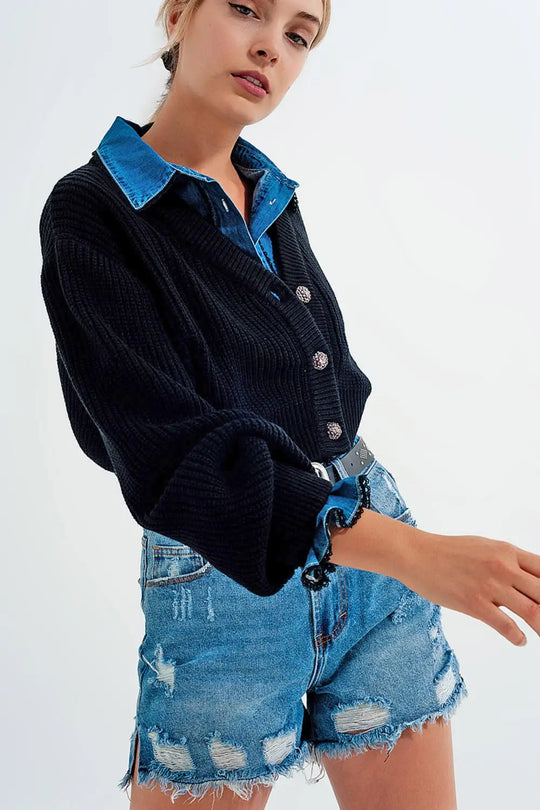 Long sleeves black cardigan with strass button detail - Cardigans