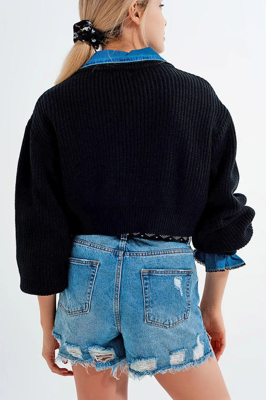 Long sleeves black cardigan with strass button detail - Cardigans