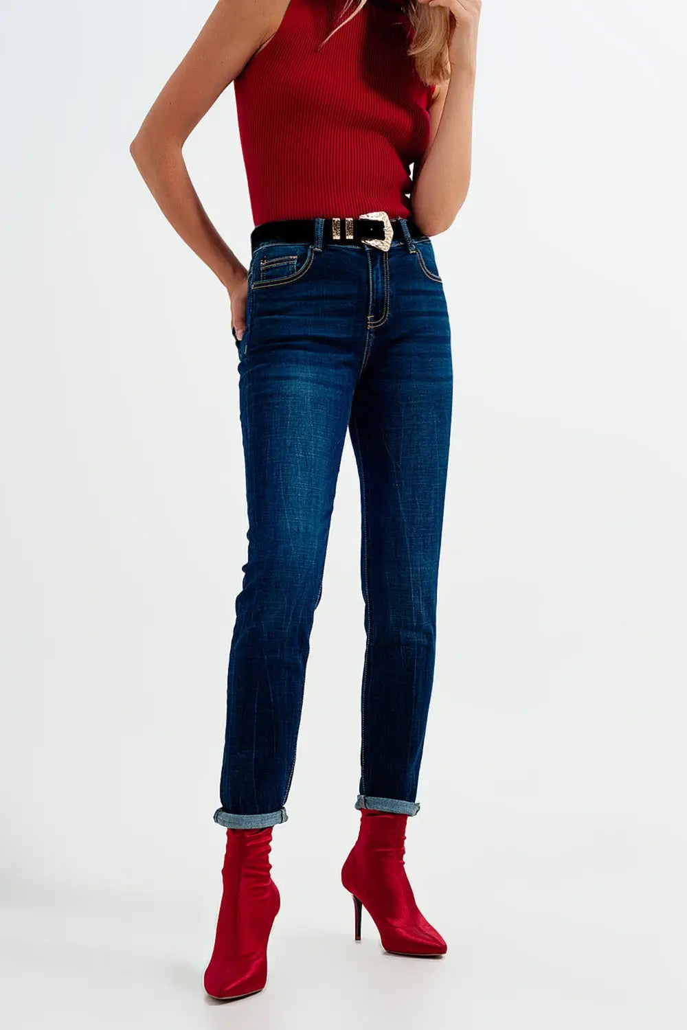 high waisted skinny jeans in mid blue wash