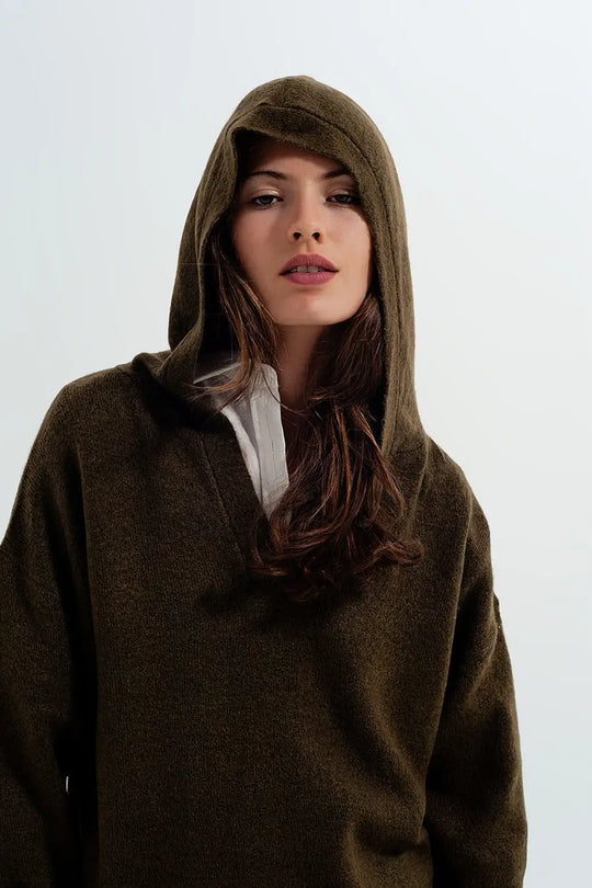V neck hoodie jumper in green - GREEN / ONE - Sweaters