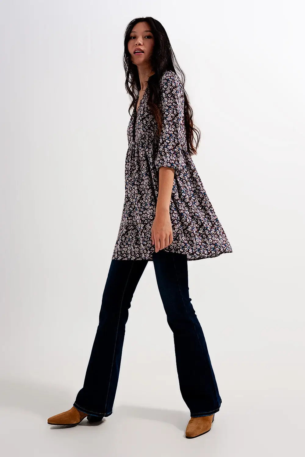 Button through mini dress in brown floral - Dresses