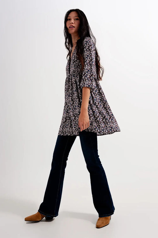 Button through mini dress in brown floral - Dresses