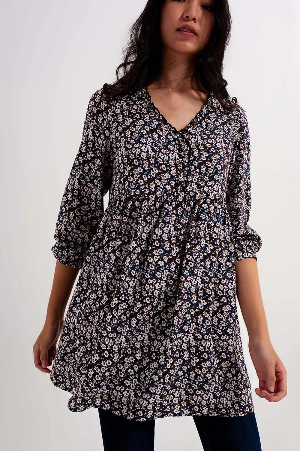 Button through mini dress in brown floral - Dresses