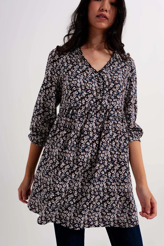 Button through mini dress in brown floral - Dresses