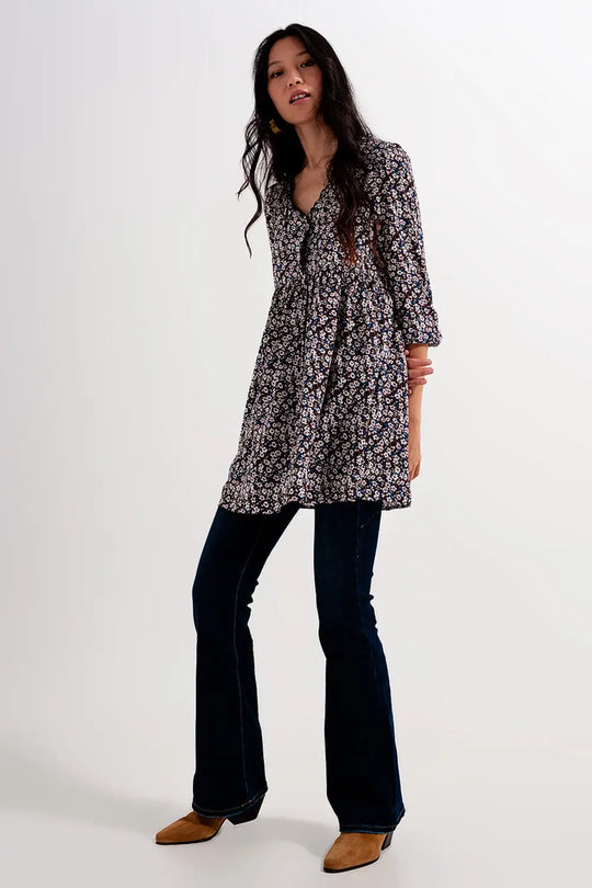 Button through mini dress in brown floral - Dresses