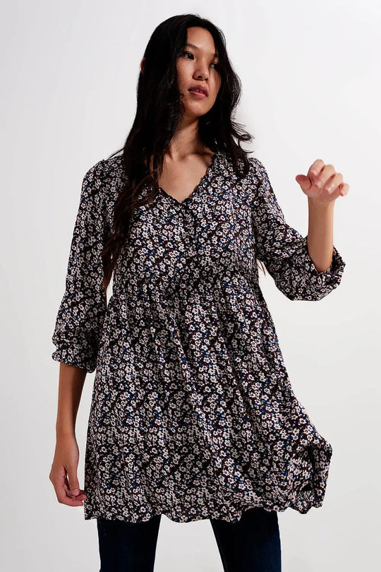 Button through mini dress in brown floral - Dresses