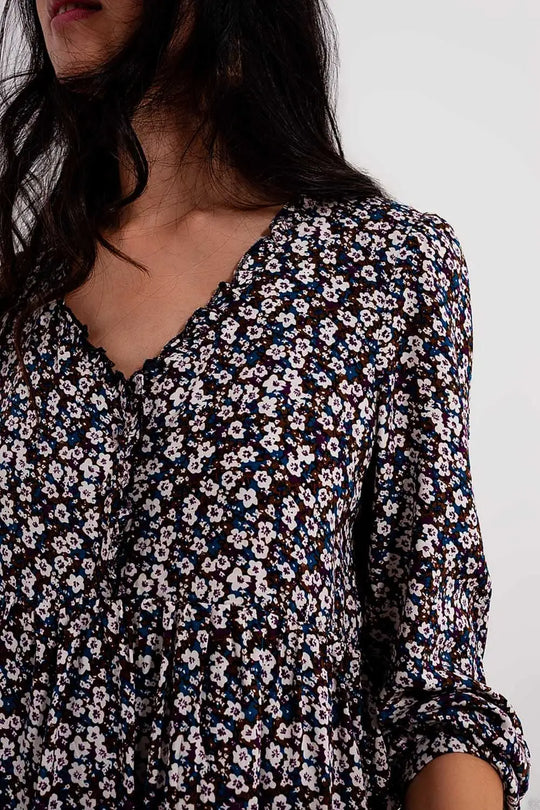 Button through mini dress in brown floral - Dresses