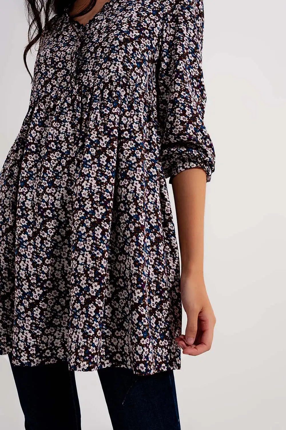 Button through mini dress in brown floral - Dresses