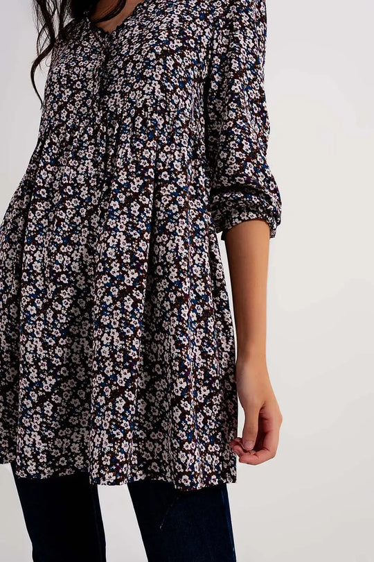 Button through mini dress in brown floral - Dresses
