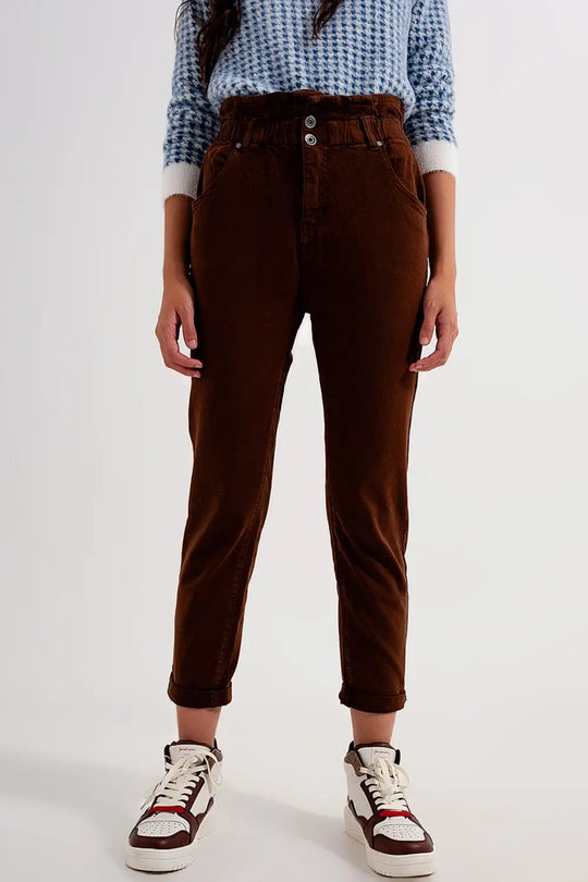 Elasticated paper bag waist mom jean in brown - Colored Jeans