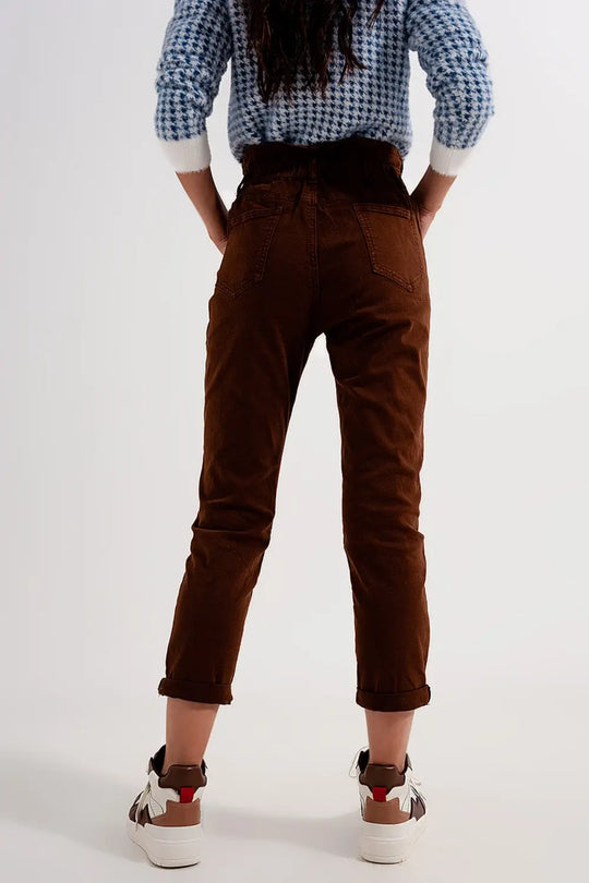 Elasticated paper bag waist mom jean in brown - Colored Jeans