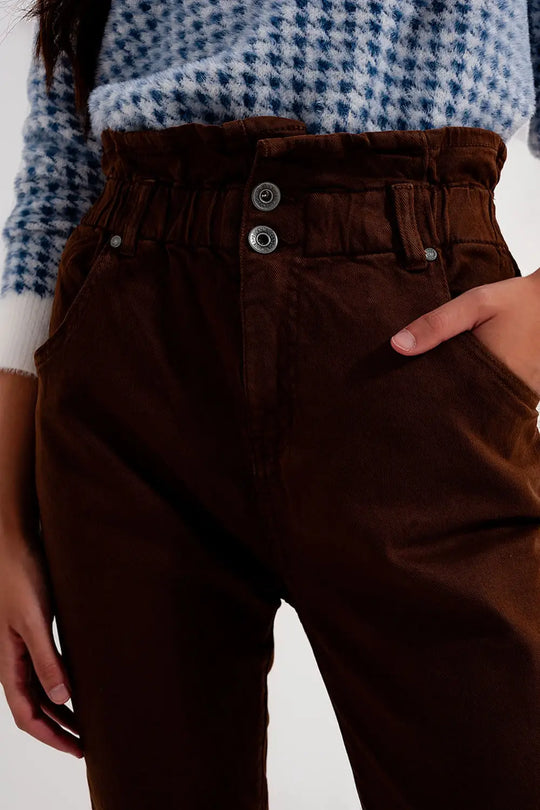 Elasticated paper bag waist mom jean in brown - Colored Jeans