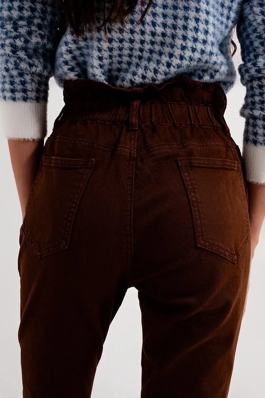 Elasticated paper bag waist mom jean in brown - Colored Jeans