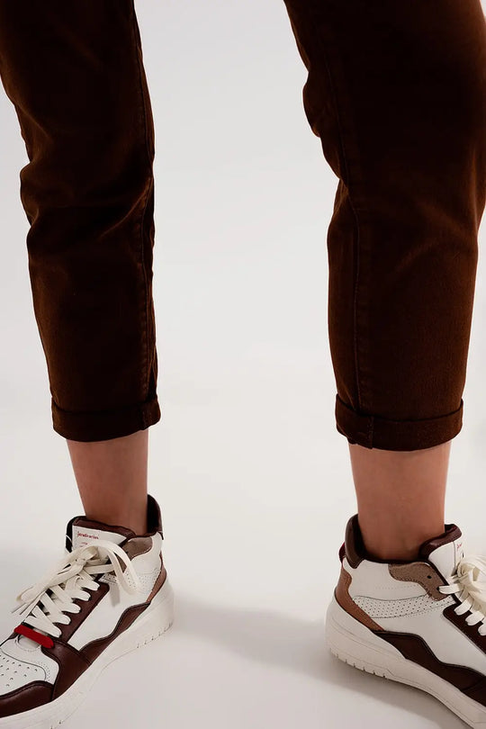 Elasticated paper bag waist mom jean in brown - Colored Jeans