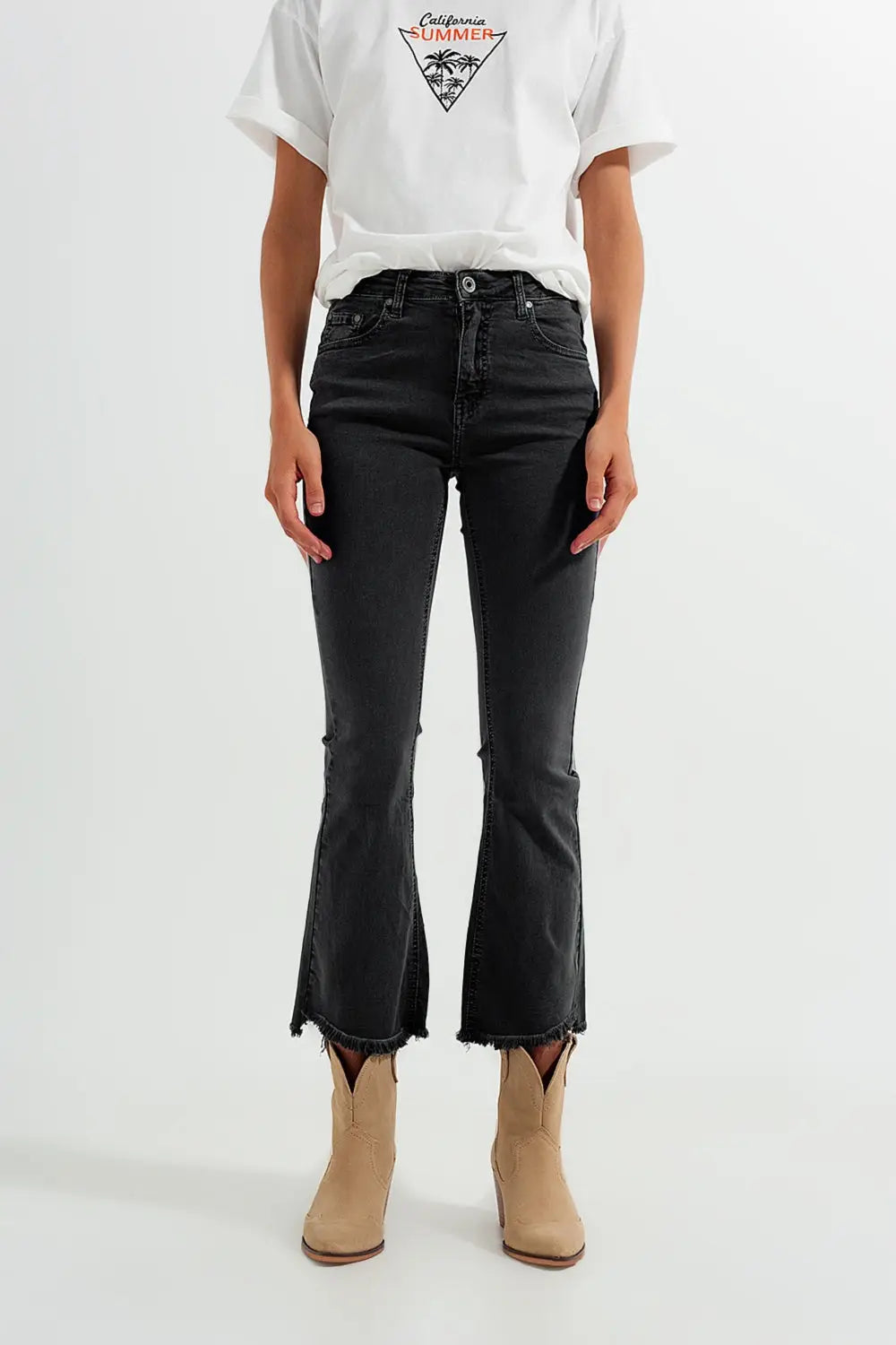 Flare jeans in dark grey with asymmetric detail - Colored Jeans