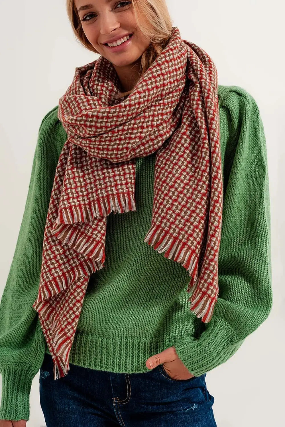 Super soft red scarf with geometric print - RED / ONE - Scarves