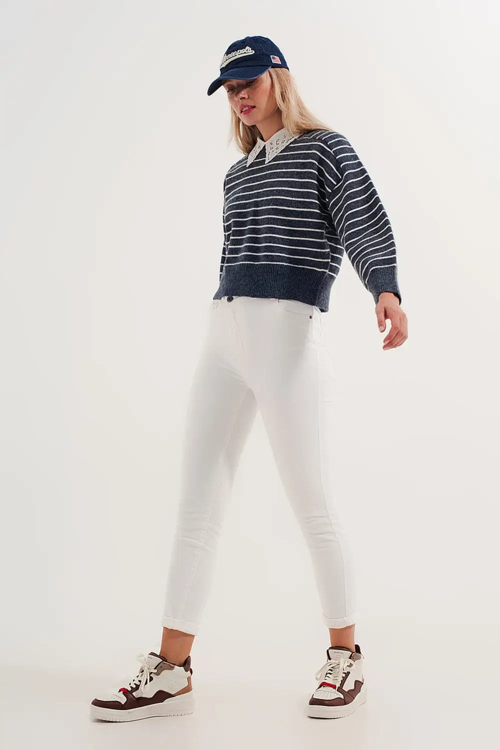 Striped knitted sweater with wrangler sleeves blue and white - Sweaters