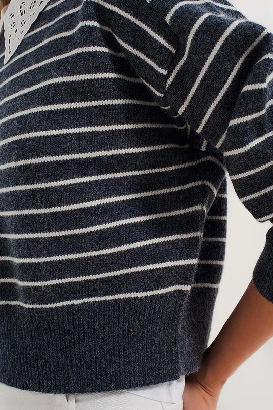 Striped knitted sweater with wrangler sleeves blue and white - Sweaters